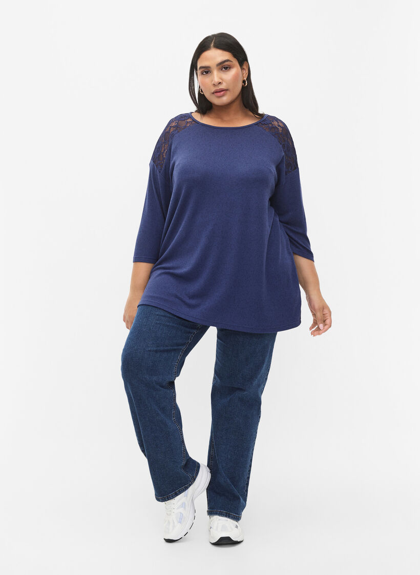 Bluse med 3/4-ermer og blondedetaljer, Medieval Blue Mel., Model image number 2