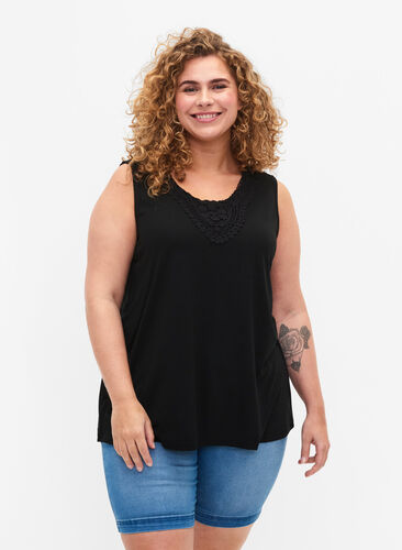 Ermeløs topp med blonder, Black, Model image number 0