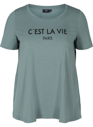 Kortermet T-skjorte i bomull med mønster, Balsam Green PARIS, Packshot image number 0