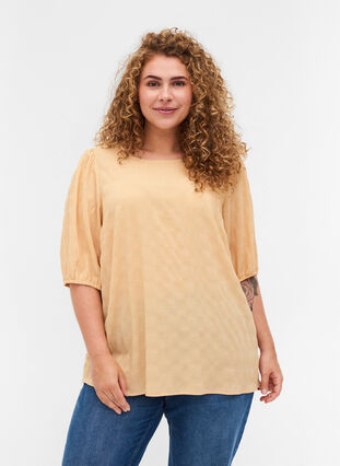 Rutete bluse med puffermer, Yellow Check, Model image number 0