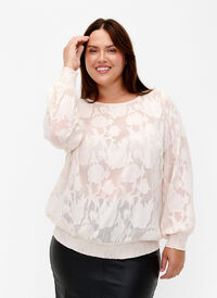 Jacquardbluse med smocking, Warm Off-white, Model