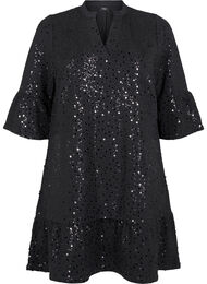 Paljettkjole med V-hals og 3/4 ermer, Black w. Bl. Sequins