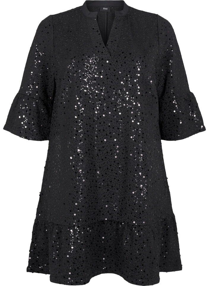 Paljettkjole med V-hals og 3/4 ermer, Black w. Bl. Sequins, Packshot image number 0
