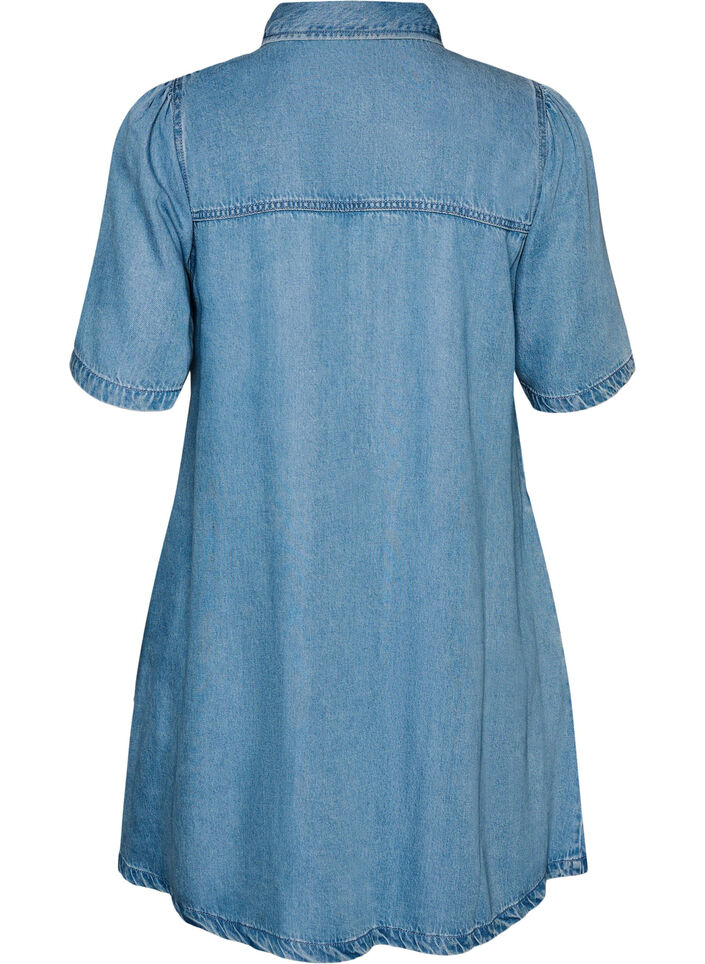 Denimkjole i lyocell med knapper og korte ermer, Bl&aring;, Packshot image number 1