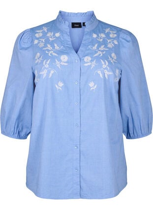 Zizzi Bomullsskjortebluse med broderte blomster, Vista Bl. W. White, Packshot image number 0