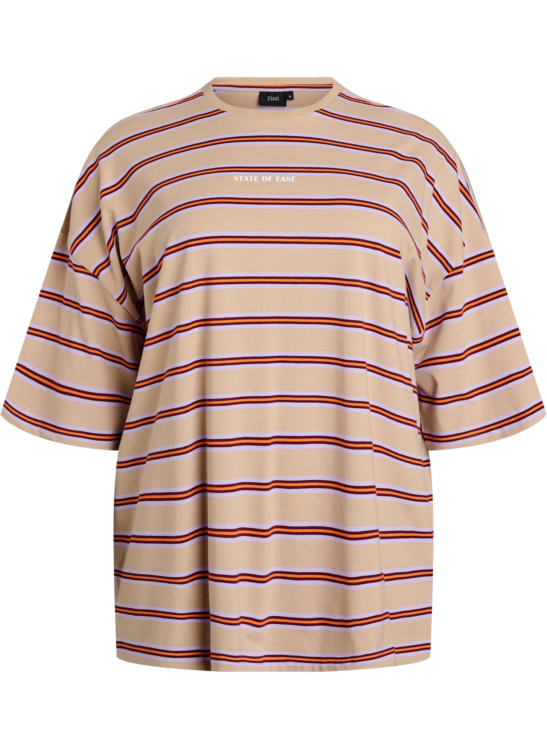 ZizziOversized T-skjorte med striper og 1/2 ermer, Beige, Packshot image number 0