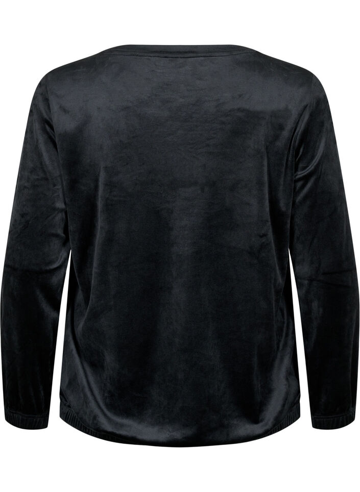 Velourbluse med brodert tekst, Black, Packshot image number 1