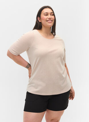 Stripete bluse med 3/4-ermer, Pecan Brown Stripe, Model image number 0
