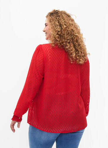 Skjortebluse med volanger og mønstret tekstur, Tango Red, Model image number 1