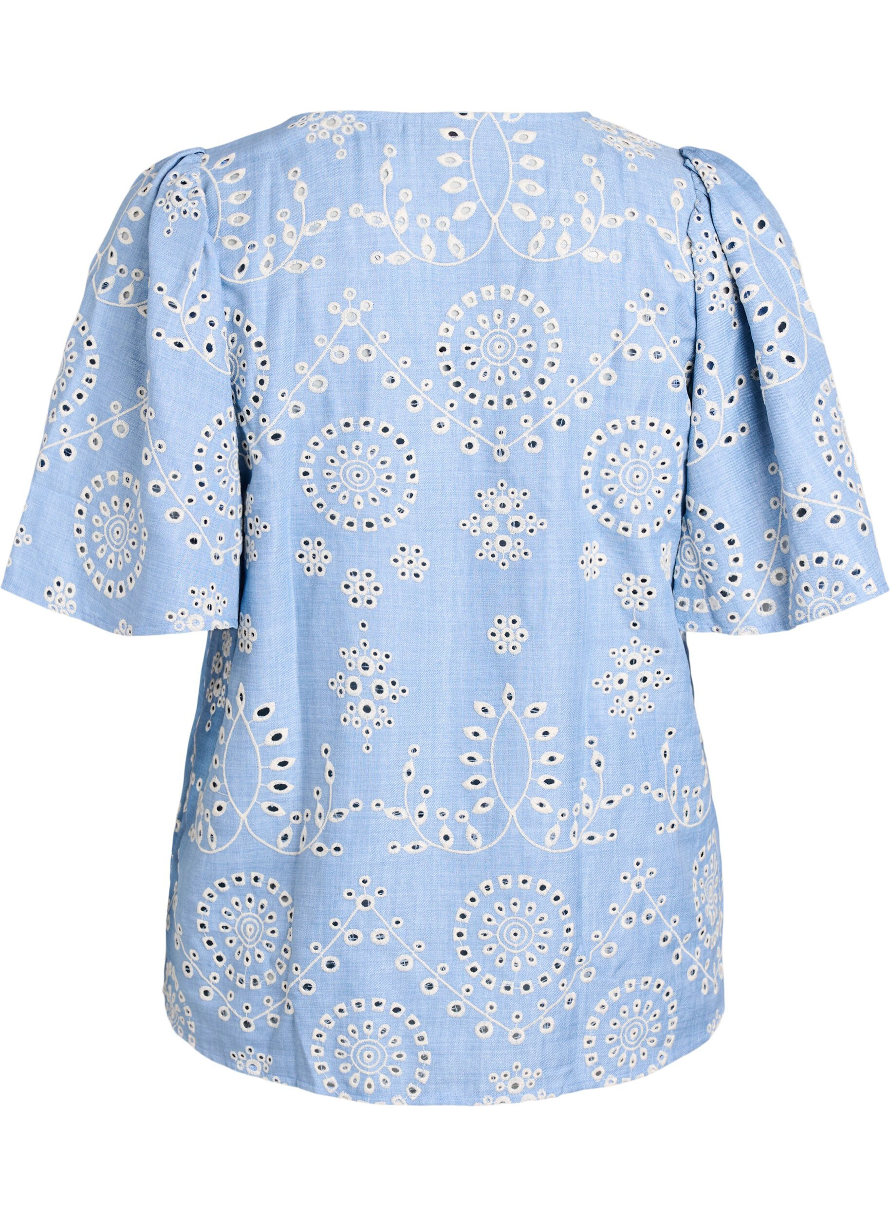 Zizzi Bluse med broderie anglaise og korte puffede ermer, Bl&aring;, Packshot image number 1