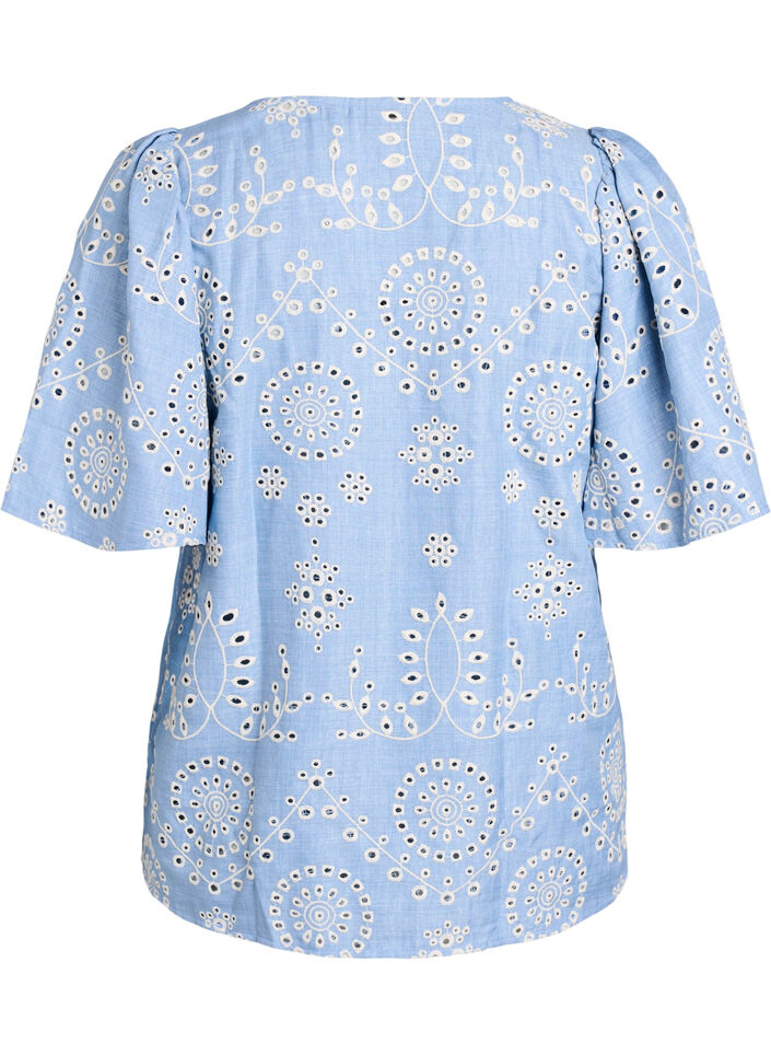 Bluse med broderie anglaise og korte puffede ermer, Blå, Packshot image number 1