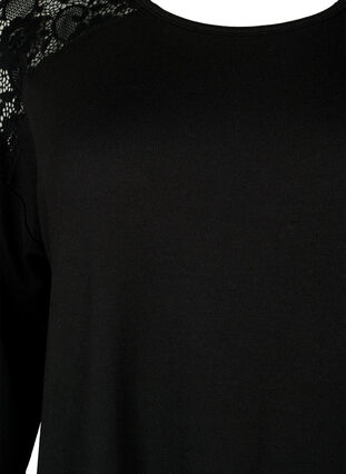 Bluse med 3/4-ermer og blondedetaljer, Black, Packshot image number 2