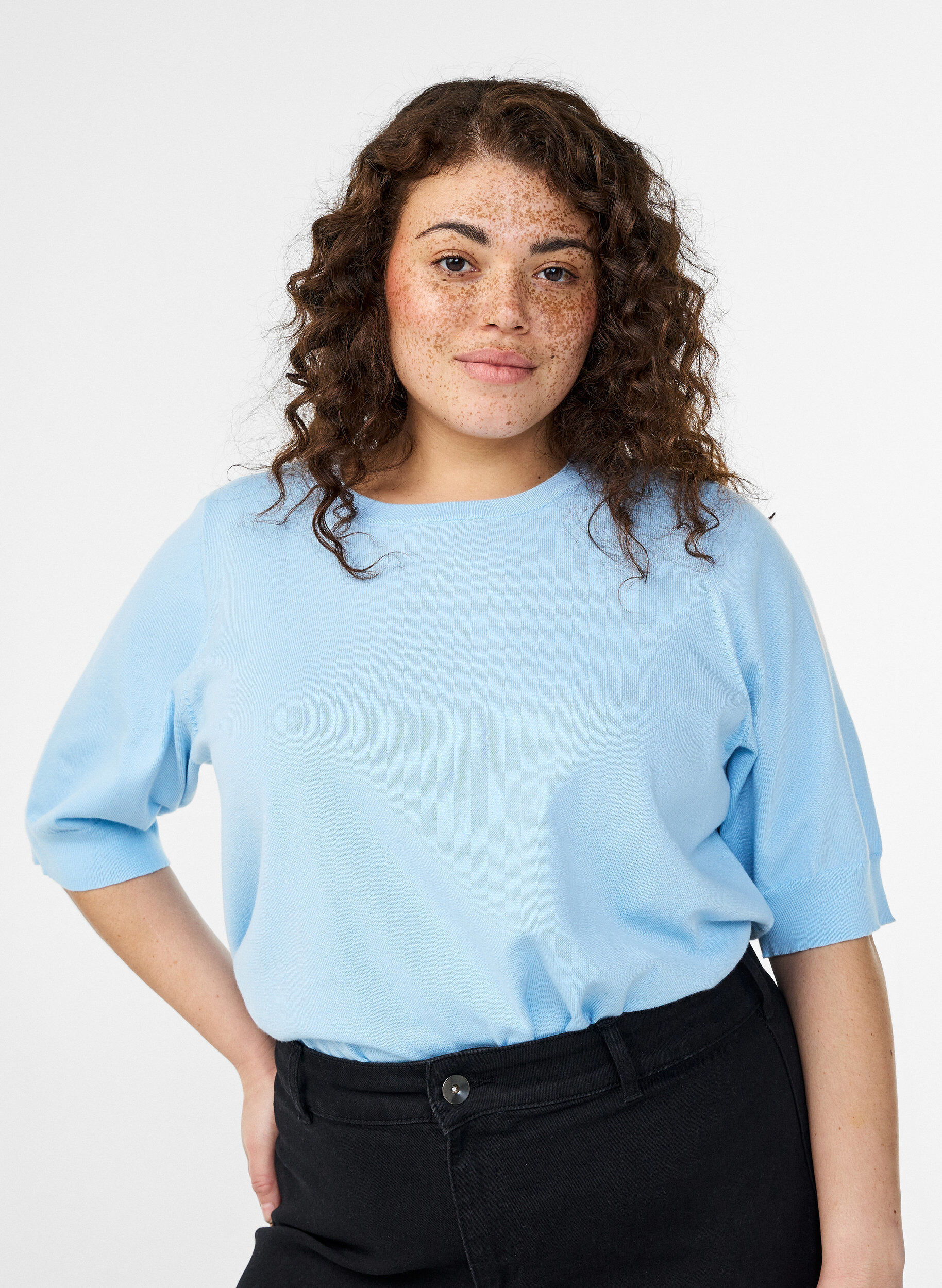 FLASH - Finstrikket bluse med korte ermer, Bl&aring;, Model