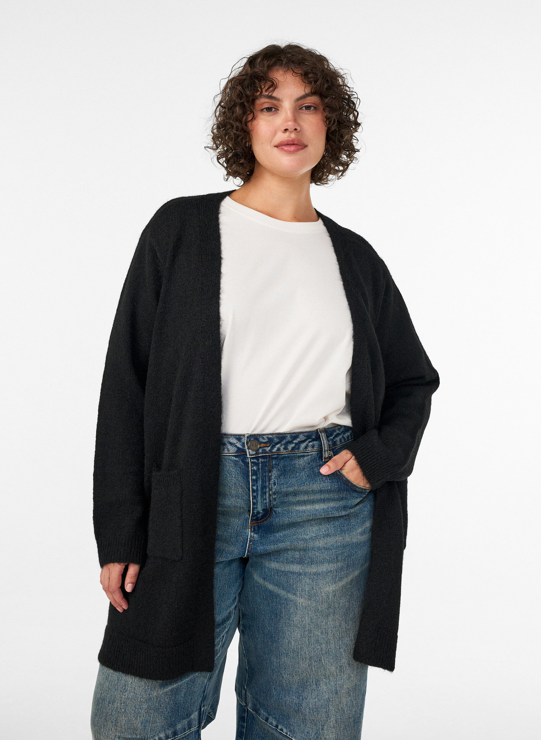 Lang cardigan med lommer, Svart, Model