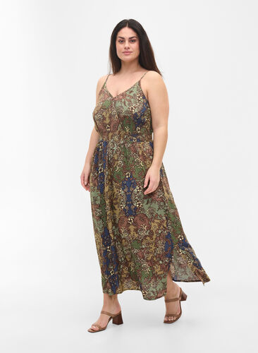 Ermeløs midikjole i viskose med paisleymønster, Green Paisley, Model image number 2