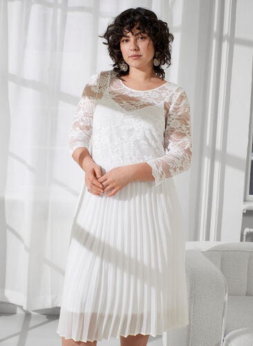 Kjole i plissé med blonder og 3/4-ermer, Bright White, Image image number 0