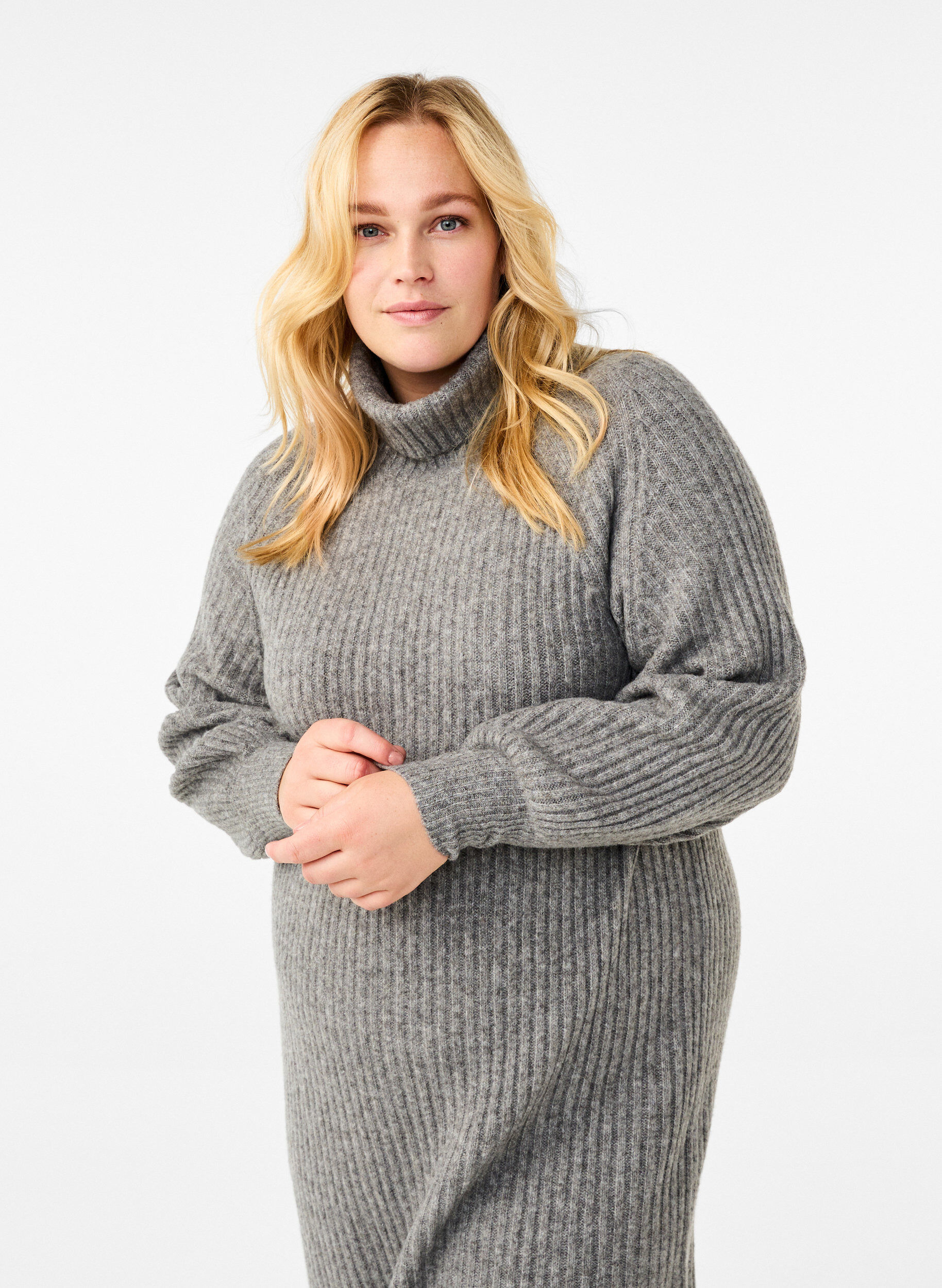 Zizzi Lang strikket kjole med h&oslash;y hals, Medium Grey Mel., Model image number 2