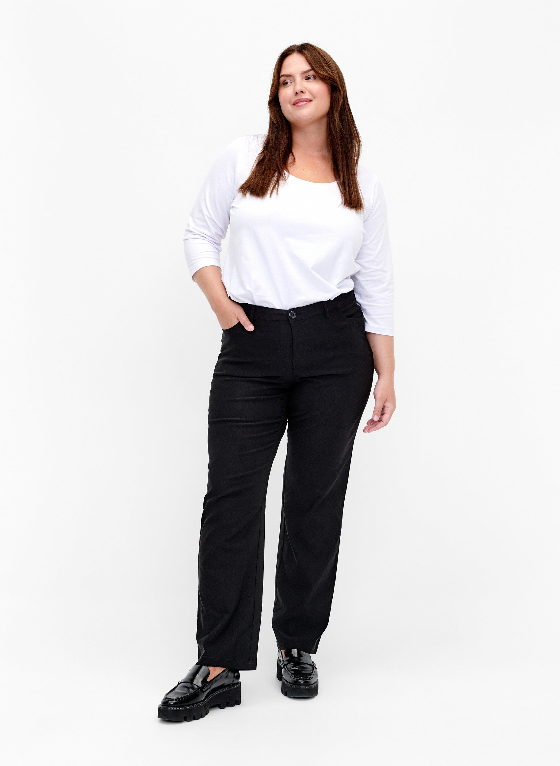 Zizzi Basis T-skjorte i bomull med 3/4 ermer, Hvit, Model image number 1