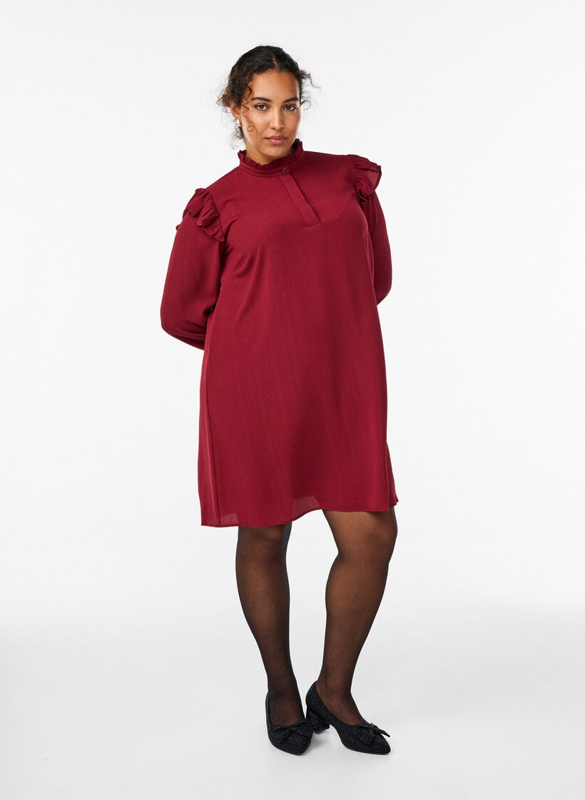 Kort kjole med volanger og glitter, M&oslash;rk Bordeaux, Model image number 1
