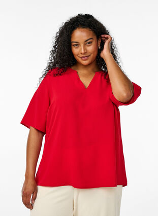 Zizzi Kortermet bluse med V-hals, Rød, Model image number 0