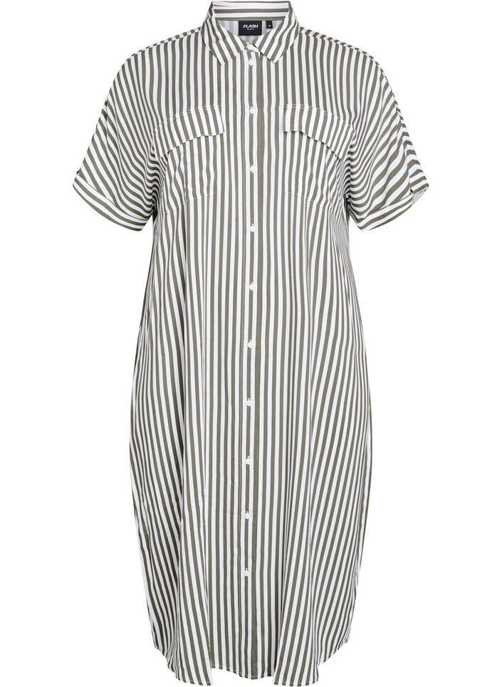 Lang skjortekjole med korte ermer, Gr&oslash;nn, Packshot image number 0