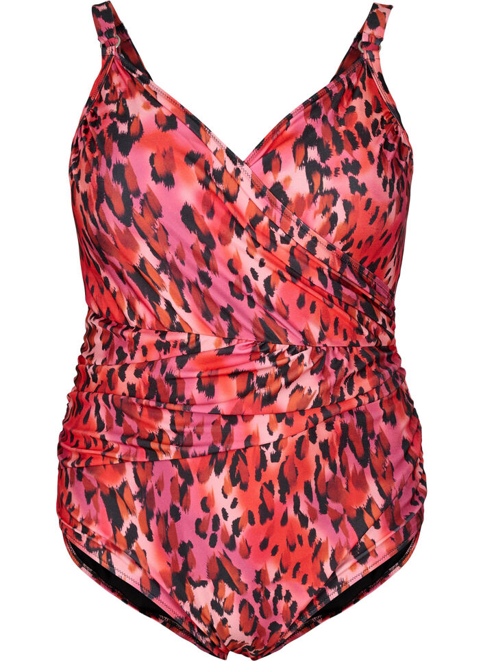Badedrakt med trykk og omslagseffekt, Red Leopard AOP, Packshot image number 0