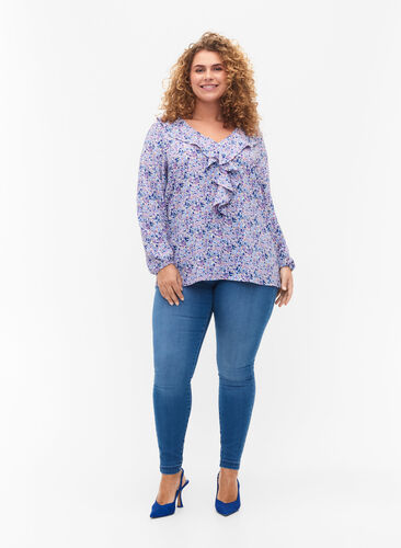 Mønstret bluse med volanger, Purple Ditzy Flower, Model image number 2