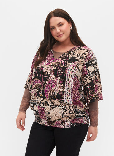 Bluse i viskose med paisleymønster og smock, Black Patchwork AOP, Model image number 0