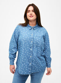 Blomstret denimskjorte med brystlomme, Light Blue w.Flowers, Model