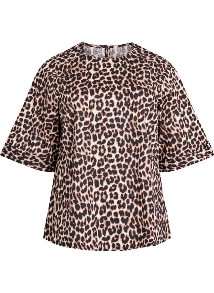 Bluse med stikningsdetaljer og 3/4-ermer, Brun, Packshot image number 0