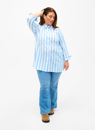Lang skjorte i lin og bomull, Blue White Stripe, Model image number 2