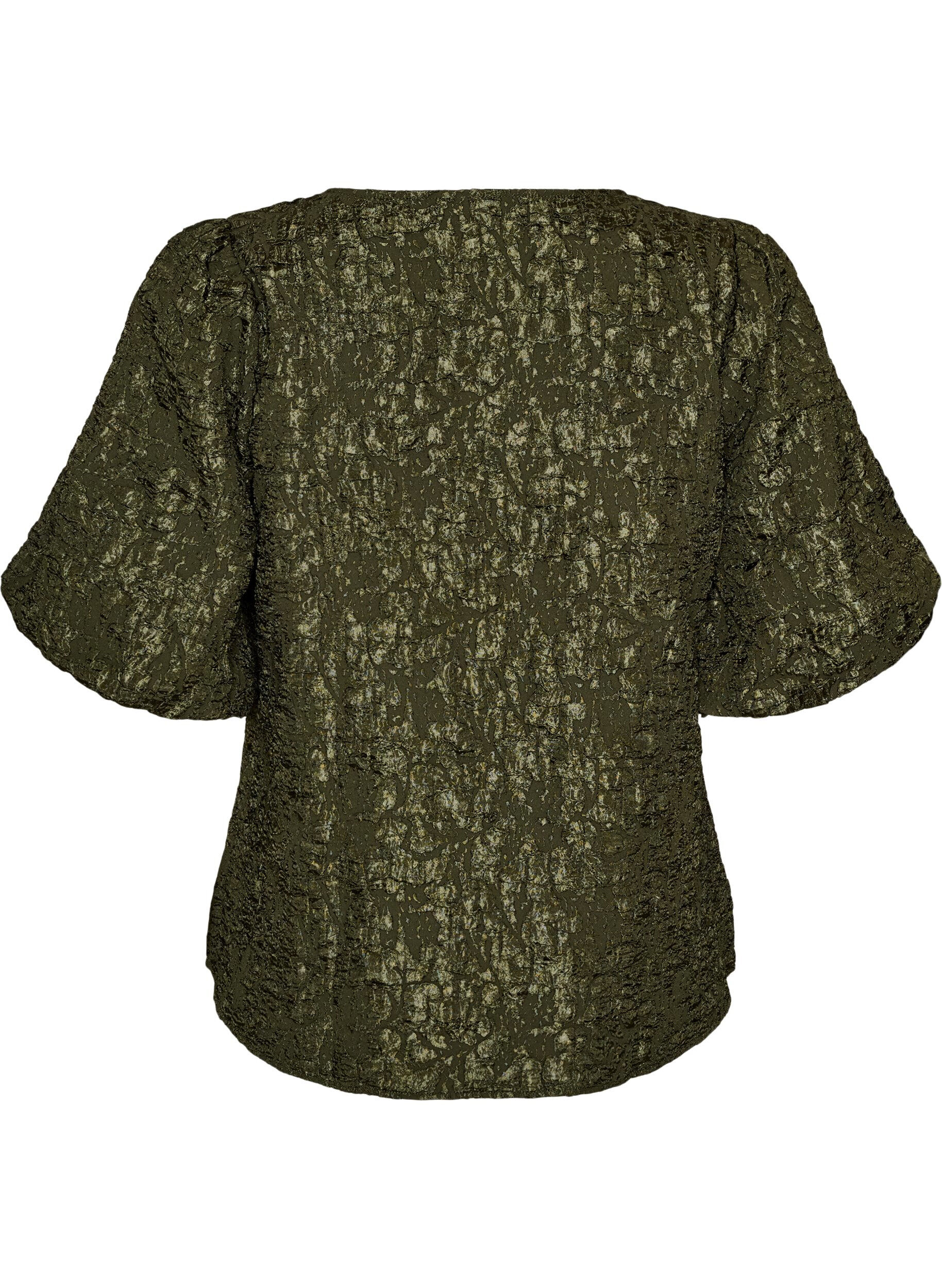 ZizziJacquard bluse med puffermer og A-linjeform, Gr&oslash;nn, Packshot image number 1