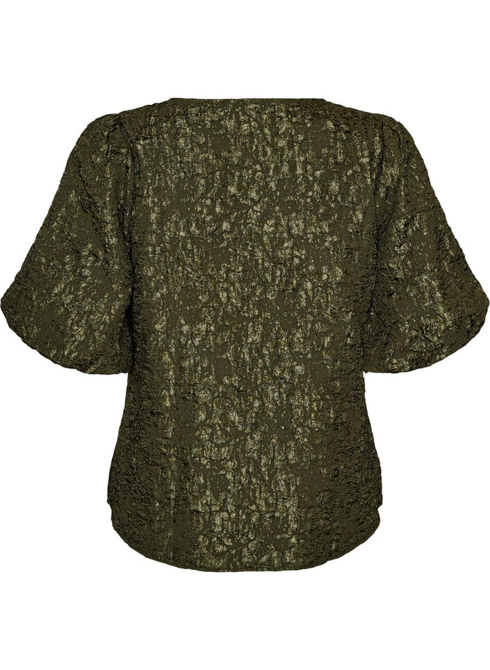 Jacquard bluse med puffermer og A-linjeform, Gr&oslash;nn, Packshot image number 1
