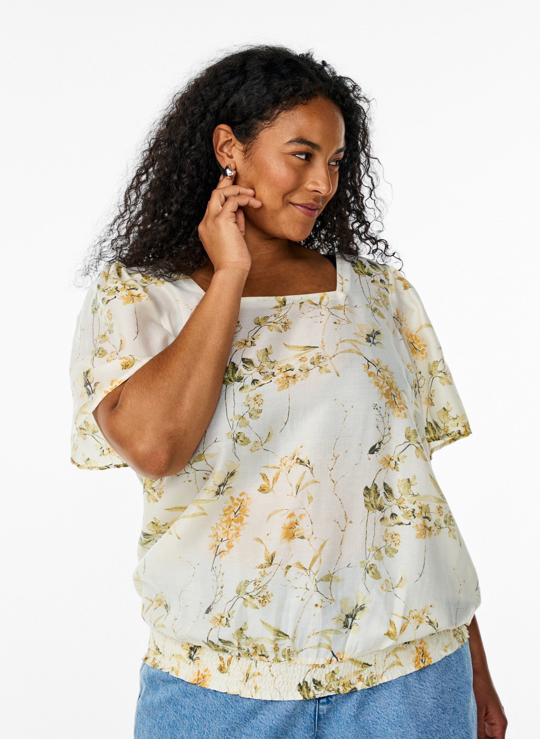 Zizzi Bluse med blomsterm&oslash;nster og firkantet hals, Gul, Model image number 0