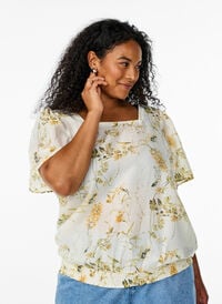Bluse med blomstermønster og firkantet hals, Gul Bluse med blomstermønster og firkantet hals, Gul, Model