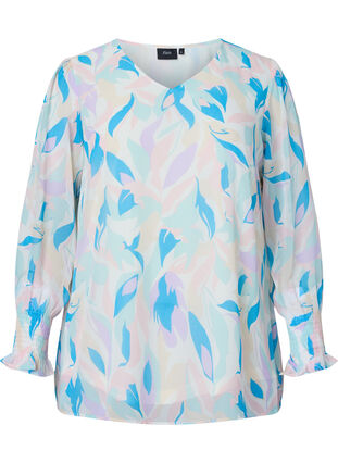 Blomstrete bluse med lange ermer og V-hals, White/Pastel Leaf, Packshot image number 0