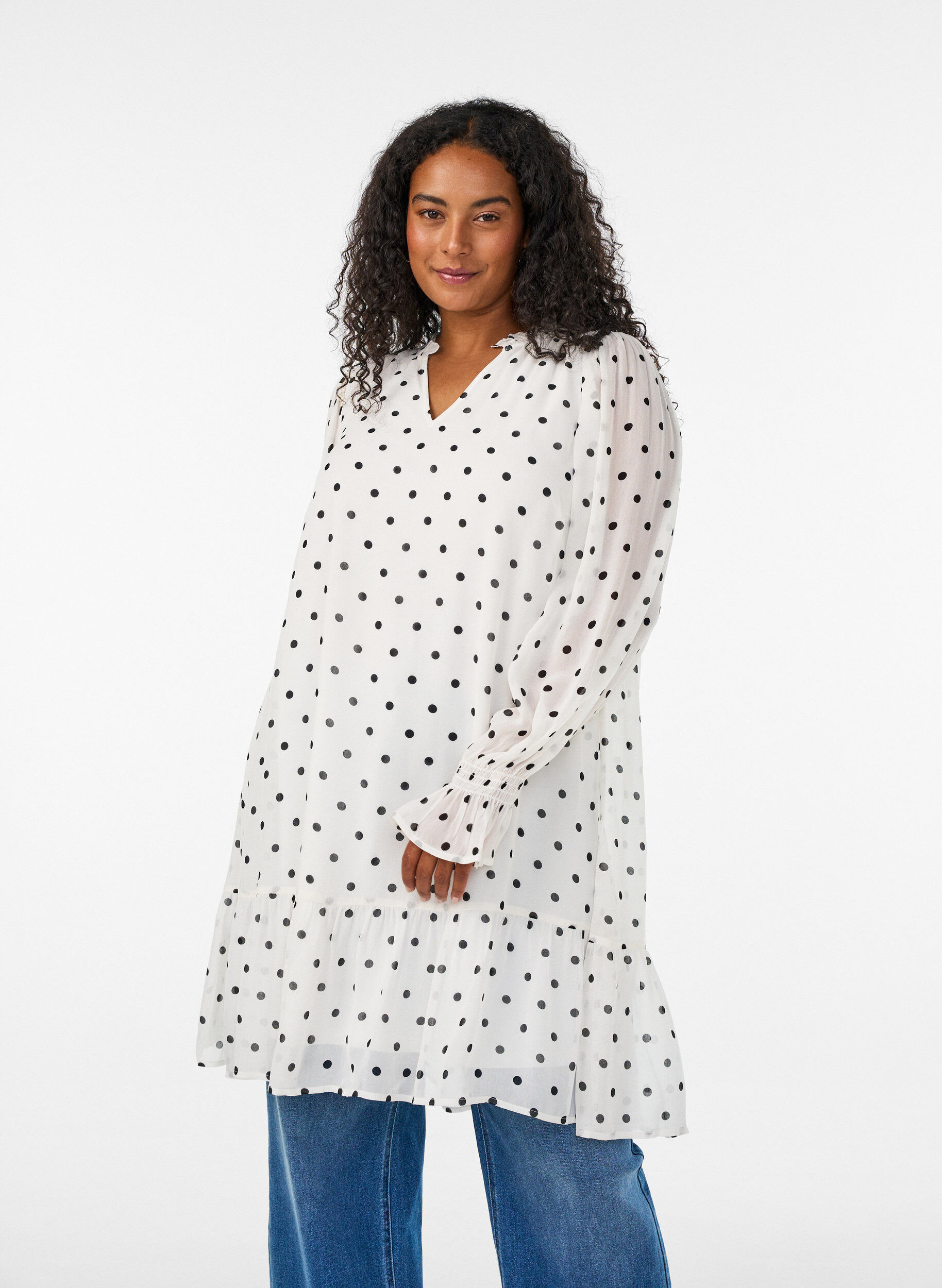 ZizziViskosekjole med volanger og gjennomsiktige ermer, Hvit, Model image number 0