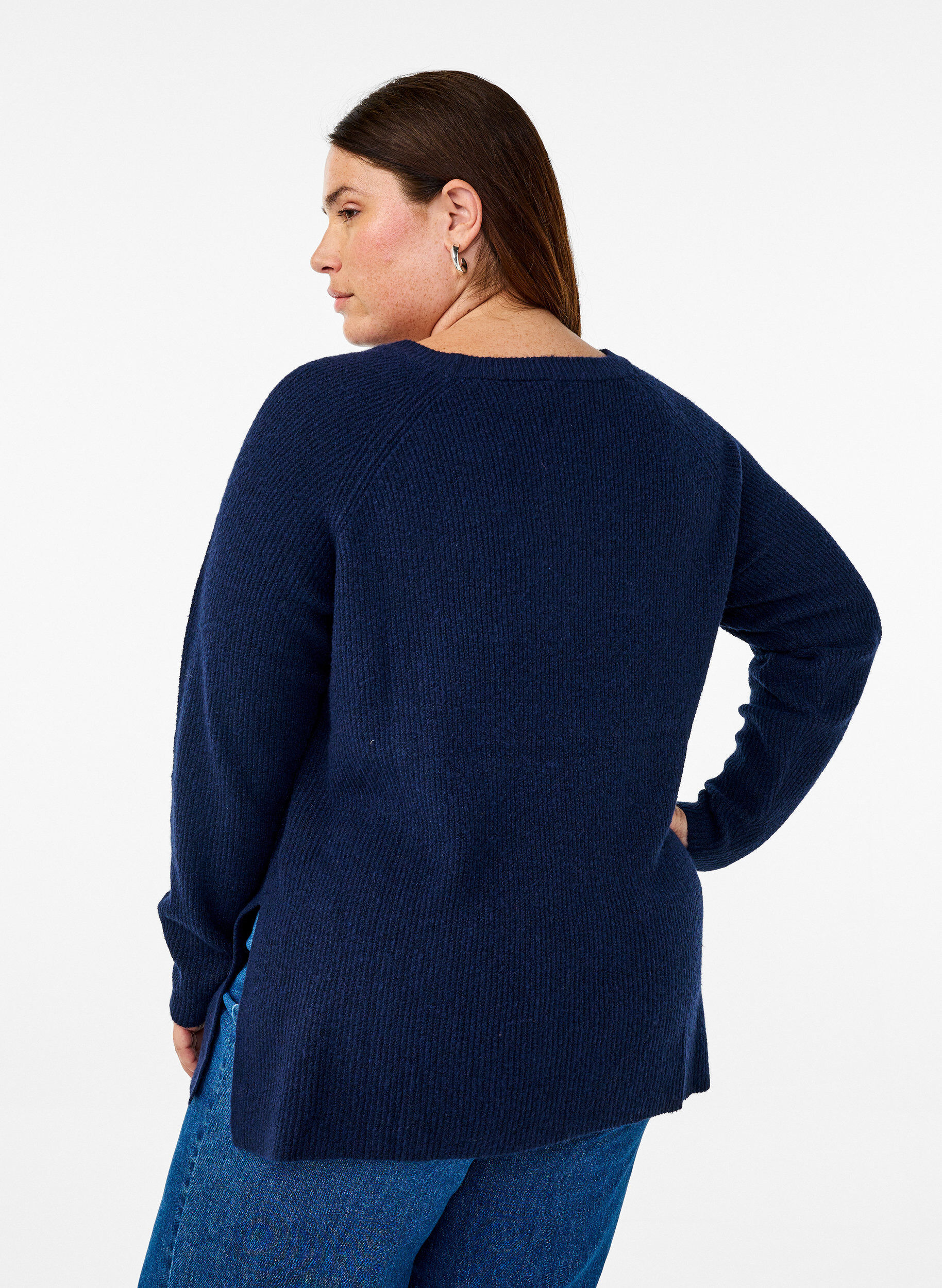 Zizzi Strikket bluse med rund hals, Naval Academy Mel., Model image number 1