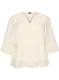 Bluse med 3/4-ermer og volangdetaljer, Vanilje