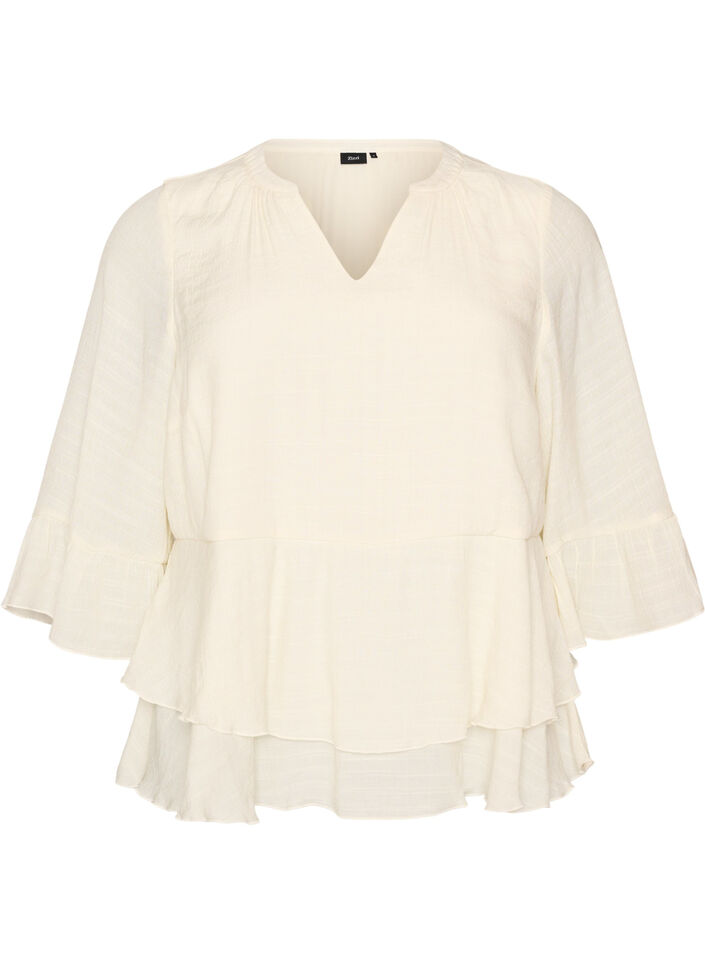 Bluse med 3/4-ermer og volangdetaljer, Vanilje, Packshot image number 0