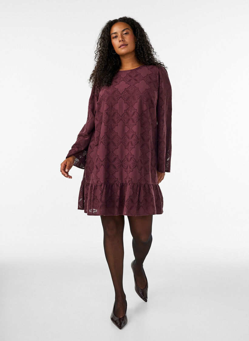 Blondekjole med lange ermer og rysjekant, M&oslash;rk Bordeaux, Model image number 1