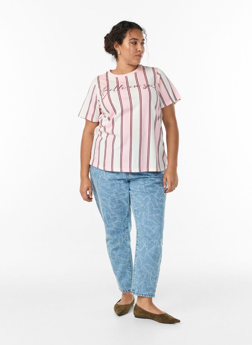 T-skjorte med striper og teksttrykk, Rosa, Model image number 1