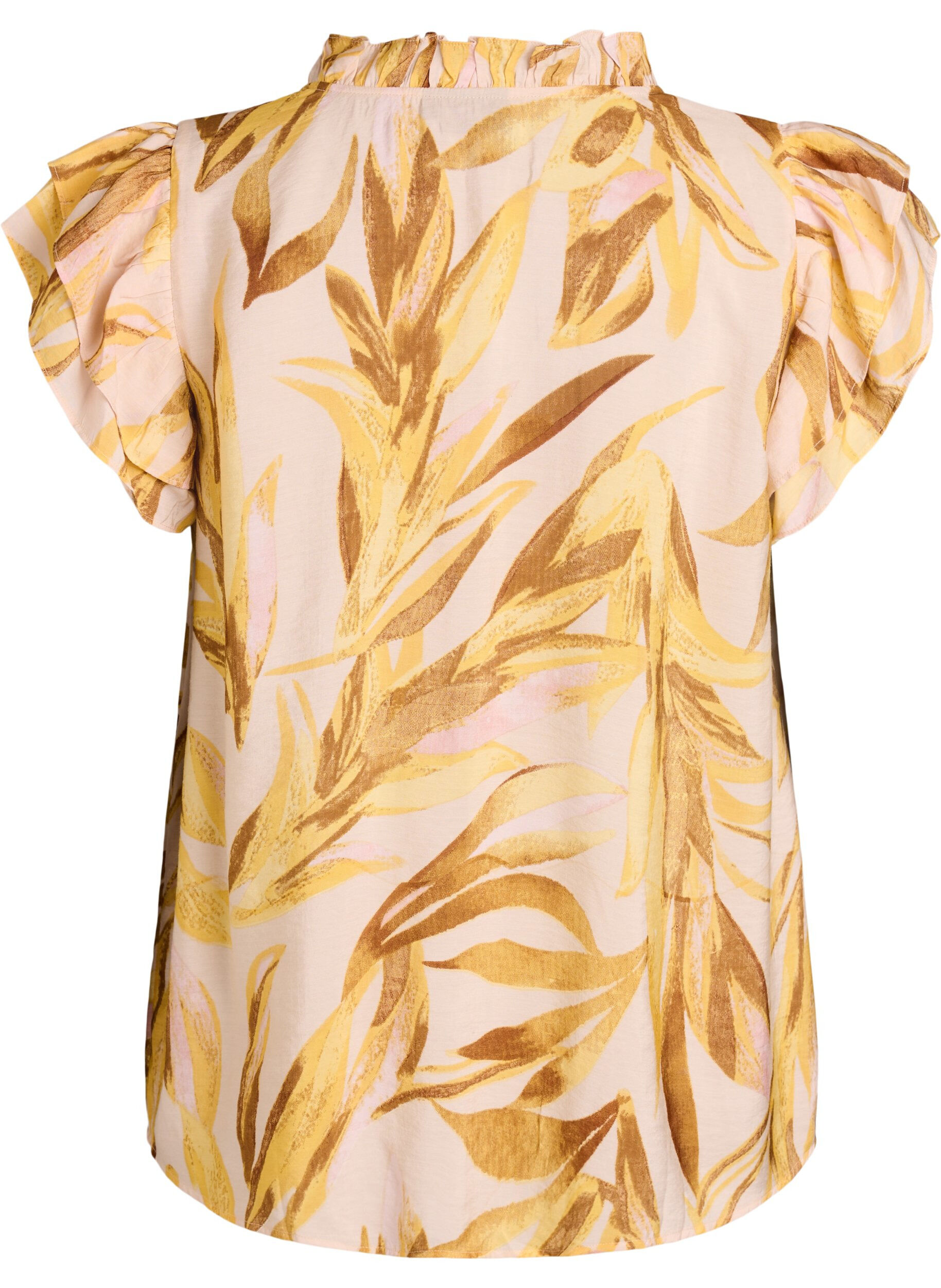 ZizziViskosebluse med bladtrykk og rysjedetaljer, Gul, Packshot image number 1