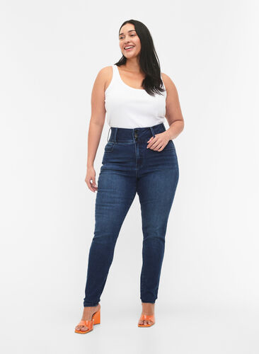 Super slanke Bea-jeans med ekstra høy midje, Blue denim, Model image number 0