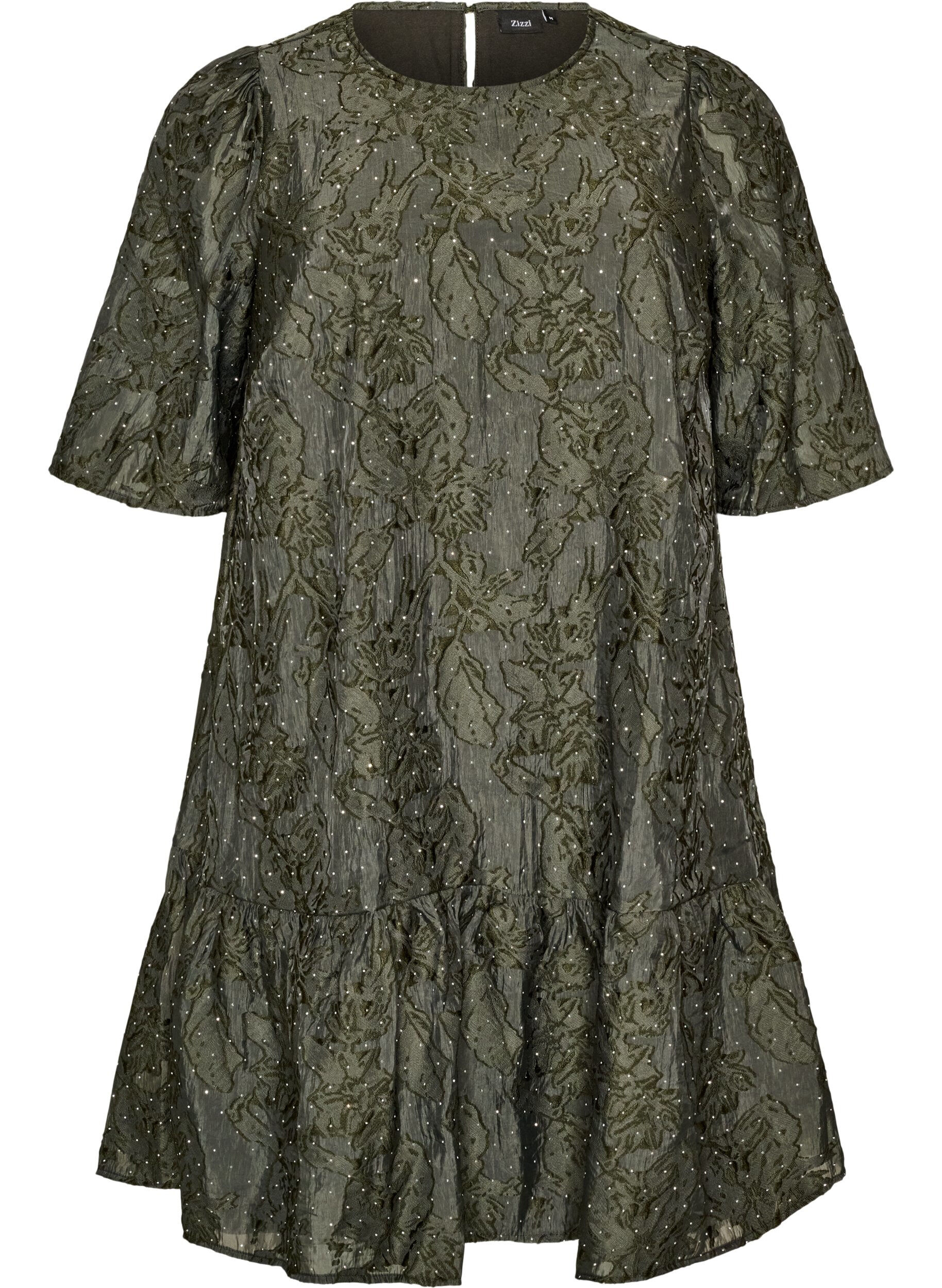 Jacquard kjole med glitrende detaljer og puff ermer