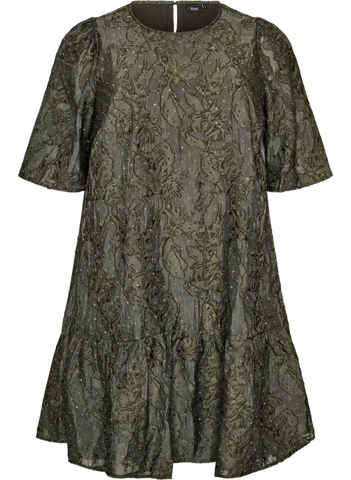 Jacquard kjole med glitrende detaljer og puff ermer, Gr&oslash;nn, Packshot image number 0