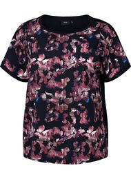 Løs T-skjorte med blomstertrykk, Black Purple Fl. AOP