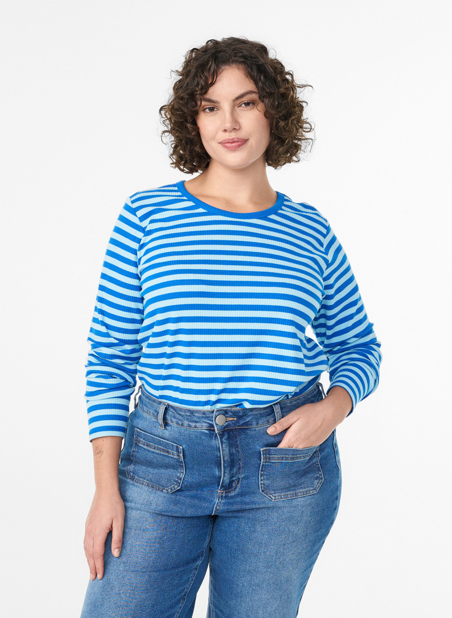 ZizziStripete bluse med lange ermer, Bl&aring;, Model image number 0