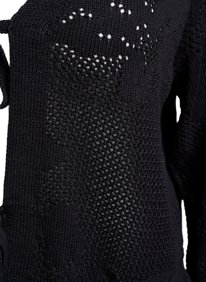 Strikket cardigan med åpenstrikket mønster og knytesnorer, Black, Packshot image number 2