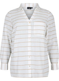 Skjortebluse med knappelukking i bomull-lin-blanding, White Taupe Stripe